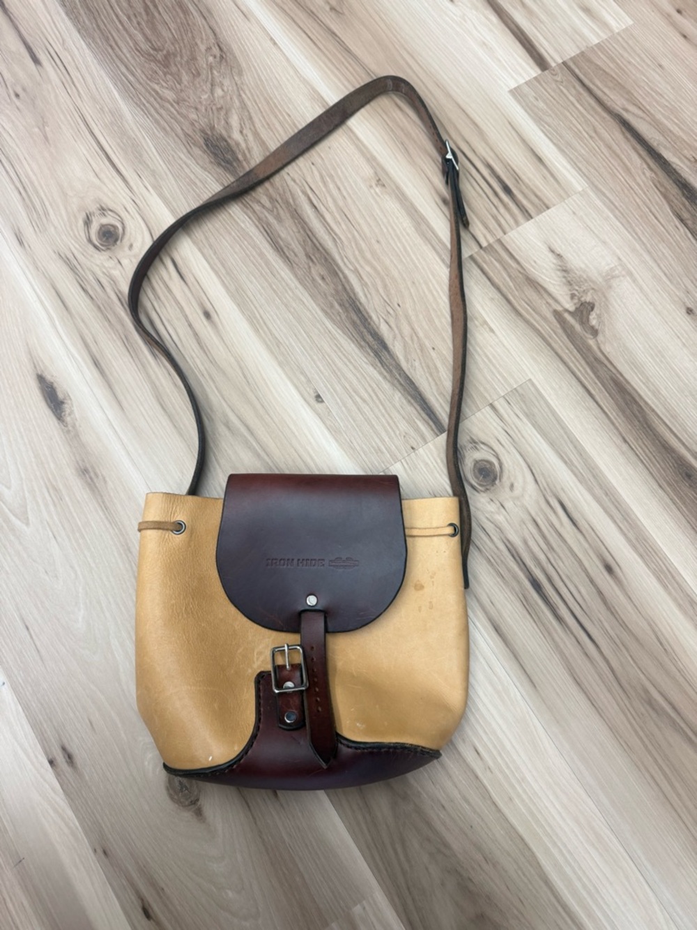 Iron Hide Two-Tone Tan & Brown Leather Crossbody Bucket Bag
